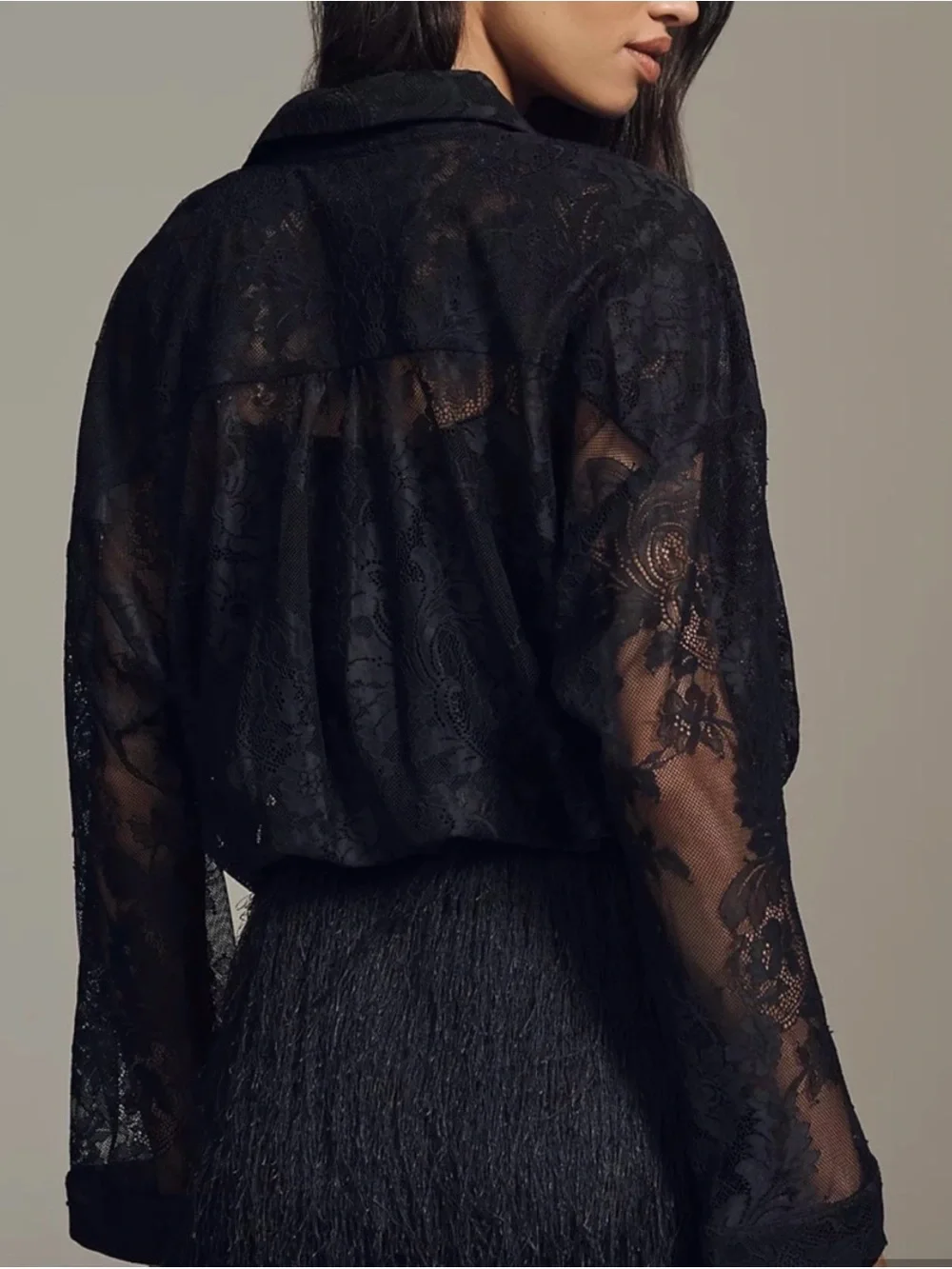 Anthropologie Maeve Black twofer Sheer Lace Blouse & Textured Fringe dress - Picture 4 of 11
